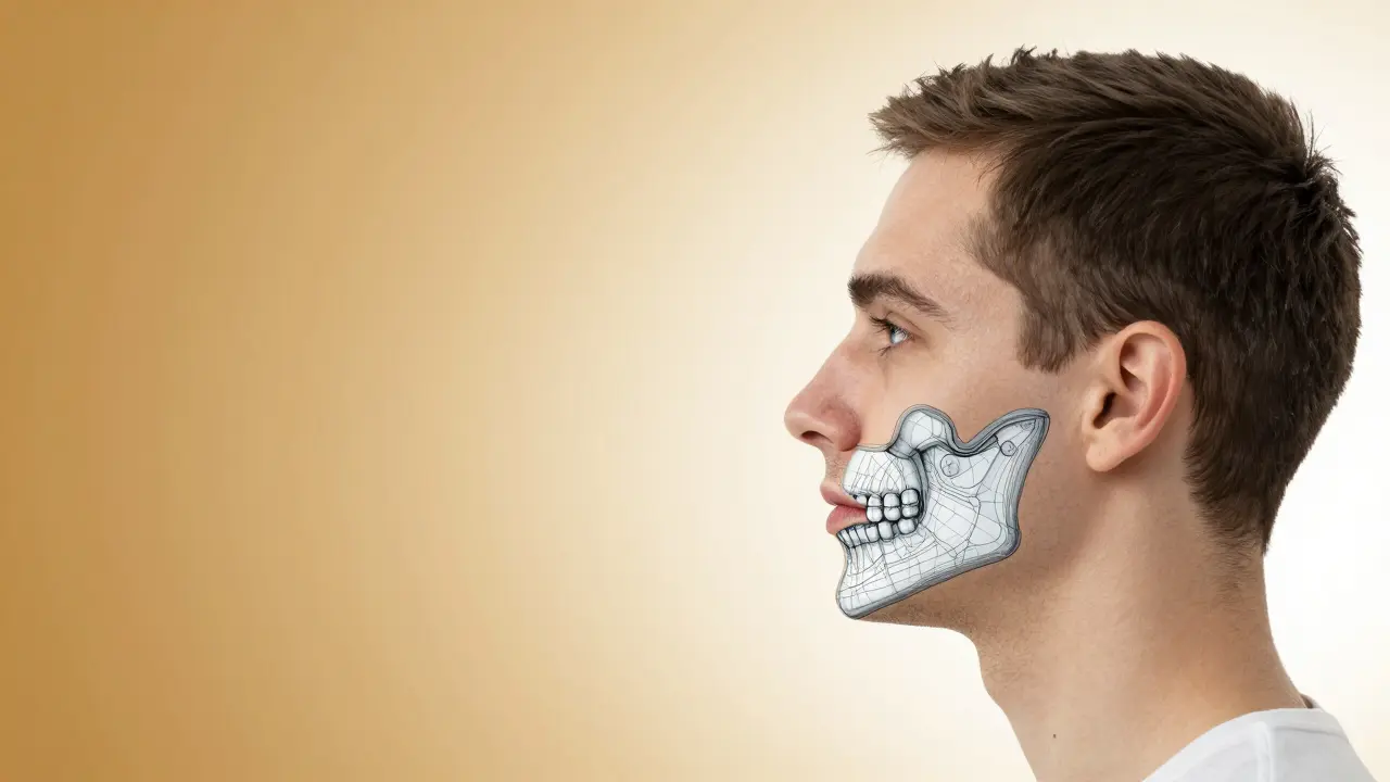 Konceptuální obraz kombinující anatomický nákres čelisti s realistickým profilem obličeje.