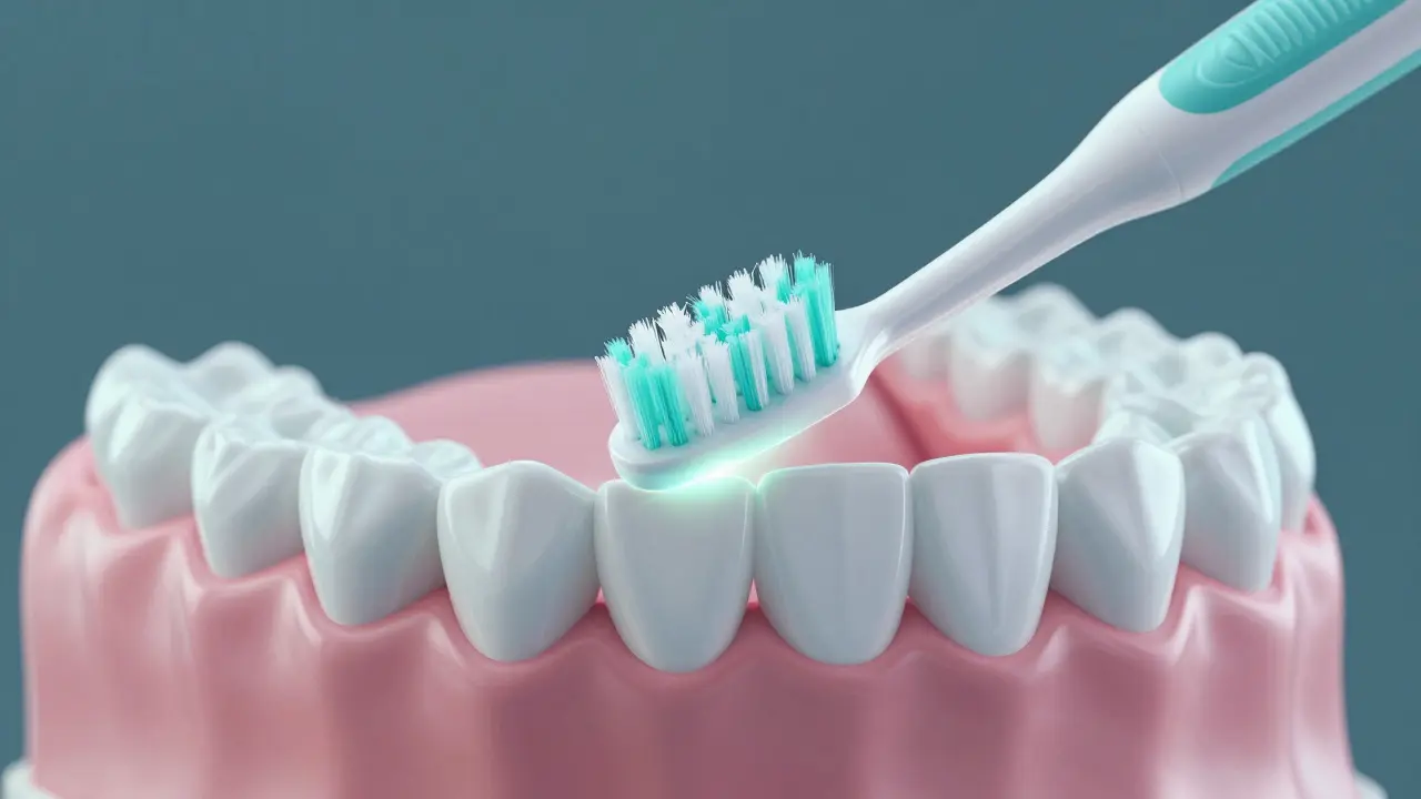 Korektní úhel 45 stupňů sonického kartáčku u dásní na modelu zubu.