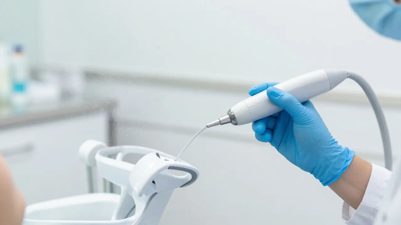 Profesionální čištění zubů pomocí ultrazvuku a AirFlow v dentální hygieně.