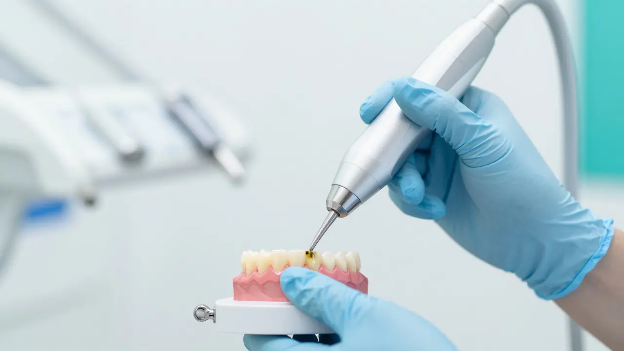 Profesionální dentální hygiena při odstraňování zubního kamene.