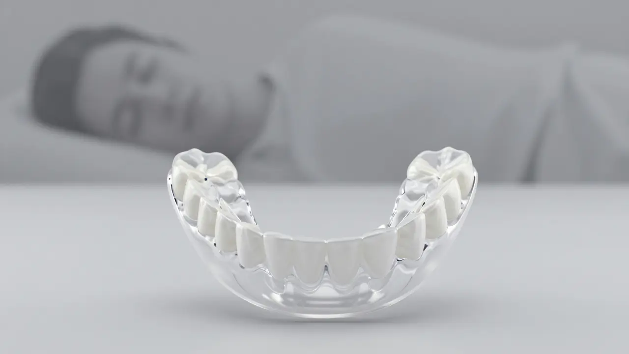 Průhledná plastová dlahu na zuby pro prevenci nočního skřípání.