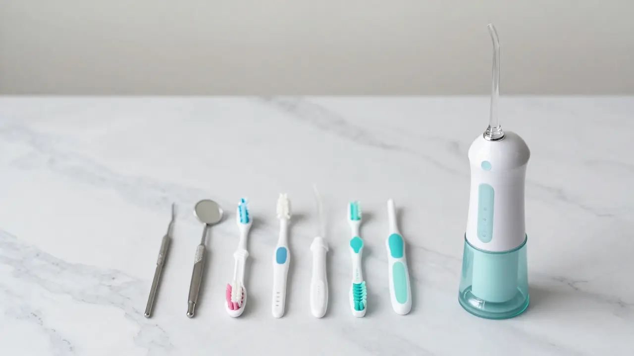 Sada pro domácí hygienu úst včetně dentálního zrcátka a mezizubních kartáčků.