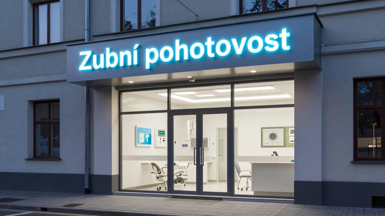 Vchod do moderní zubní pohotovosti se svítícím nápisem.