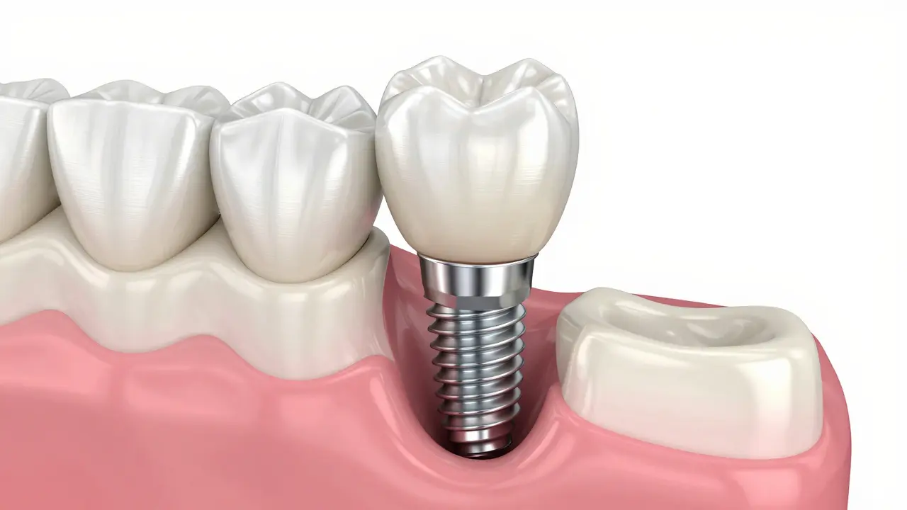 3D ilustrace zubního implantátu v čelisti