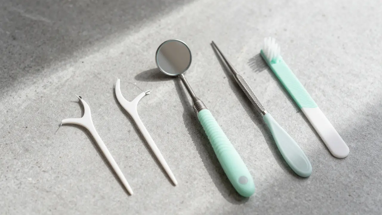 Dentální zrcátko spolu s nití a kartáčky na hygienu