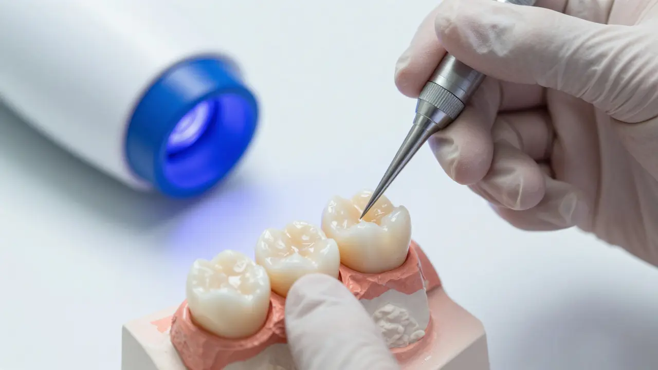 Detailní záběr na tvarování kompozitního materiálu na zubu v ordinaci