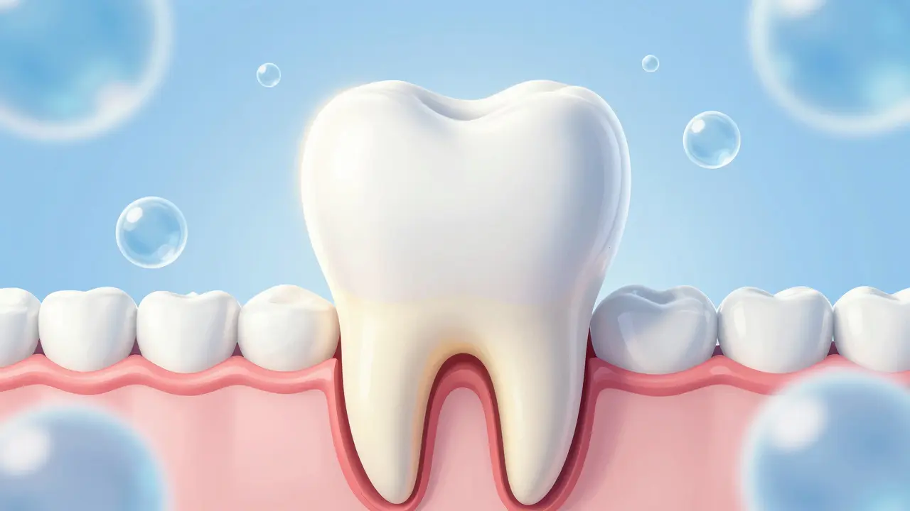 Ilustrace řezu zubem ukazující email a žlutý dentin uvnitř