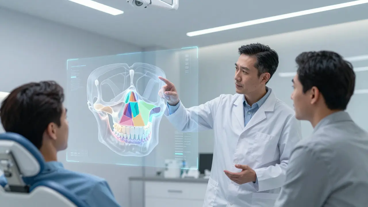 Lékař vysvětluje léčebný plán pomocí 3D modelu čelisti