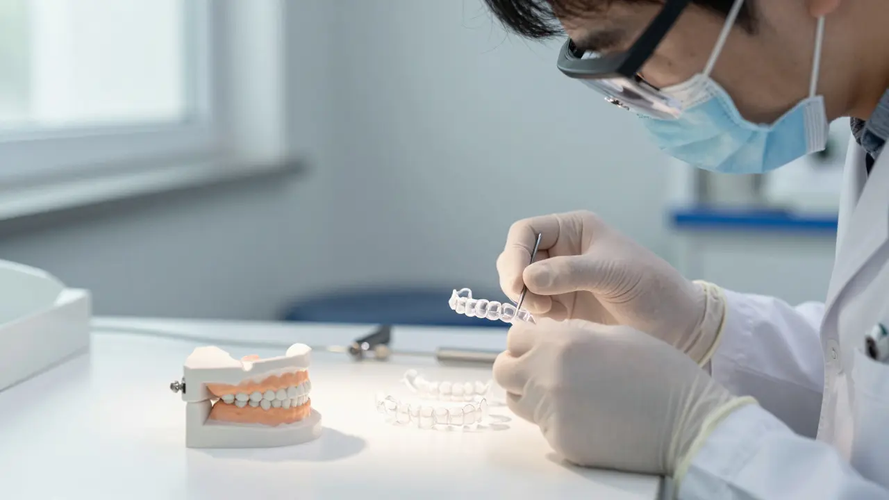 Zubní technik kontrolující řadu neviditelných rovnátek v laboratoři