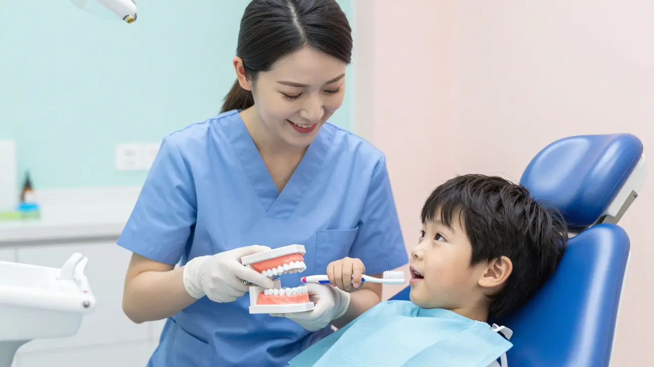 Dentální hygienista učí dítě správné čištění zubů na modelu