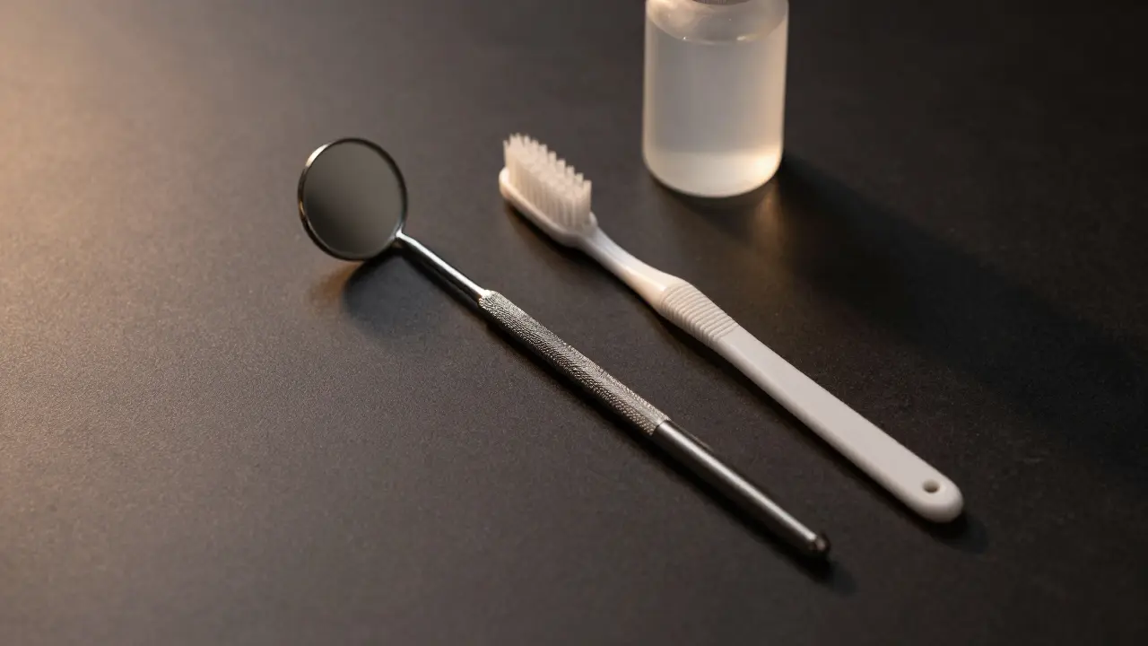 Dentální zrcátko a hygienické potřeby na tmavém pozadí