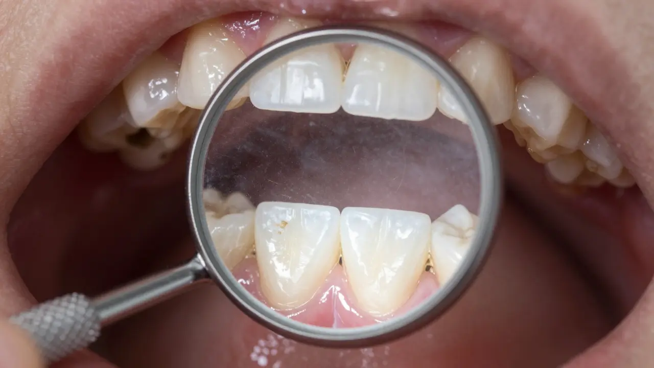 Detail zubů viditelný přes odraz v dentálním zrcátku