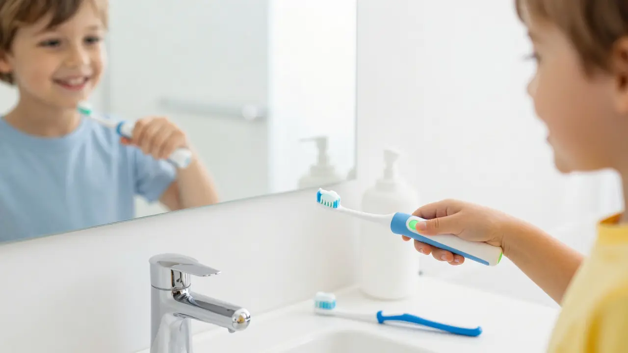 Dítě správně čistí zuby elektrickým kartáčem s tlakovým senzorem