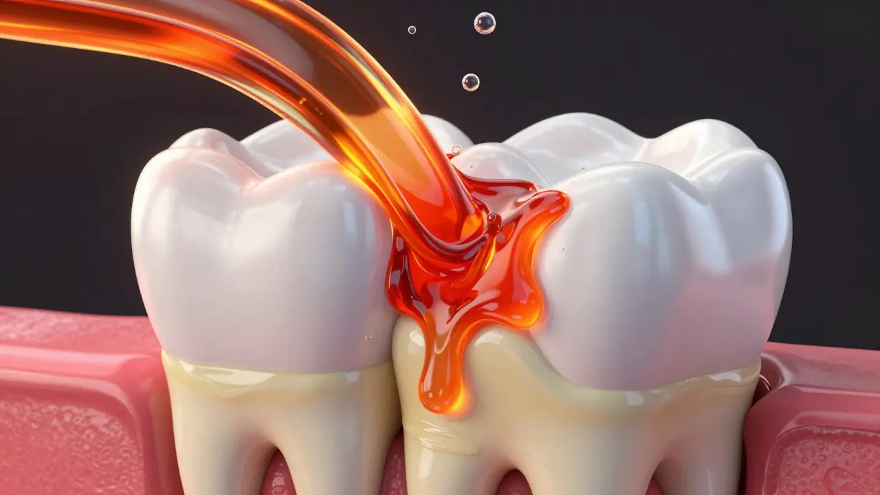 Ilustrace chemické eroze zubu kyselinou odhalující dentin