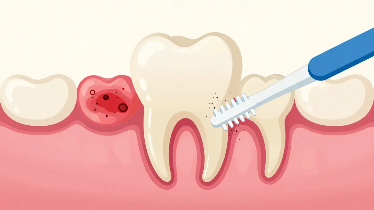 Schéma rozdílů mezi zánětem dásní a endodontickým abscesem