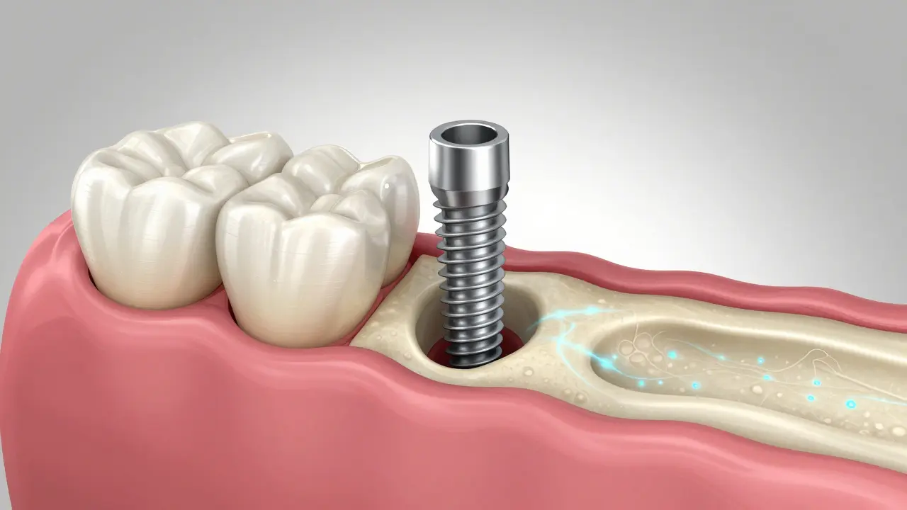 Umělecká vizualizace titánového implantátu integrovaného v čelistní kosti