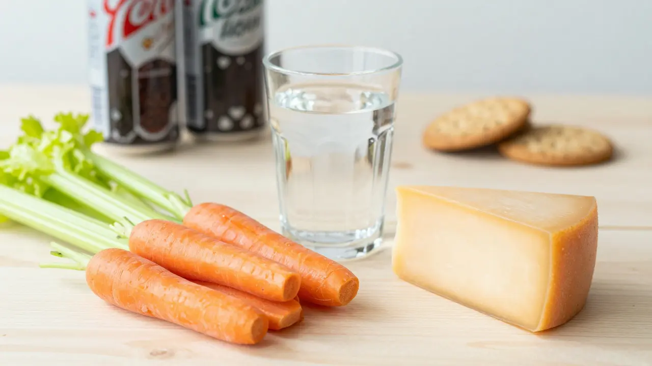 Zdravé potraviny jako mrkev a voda vedle sladkostí pro prevenci