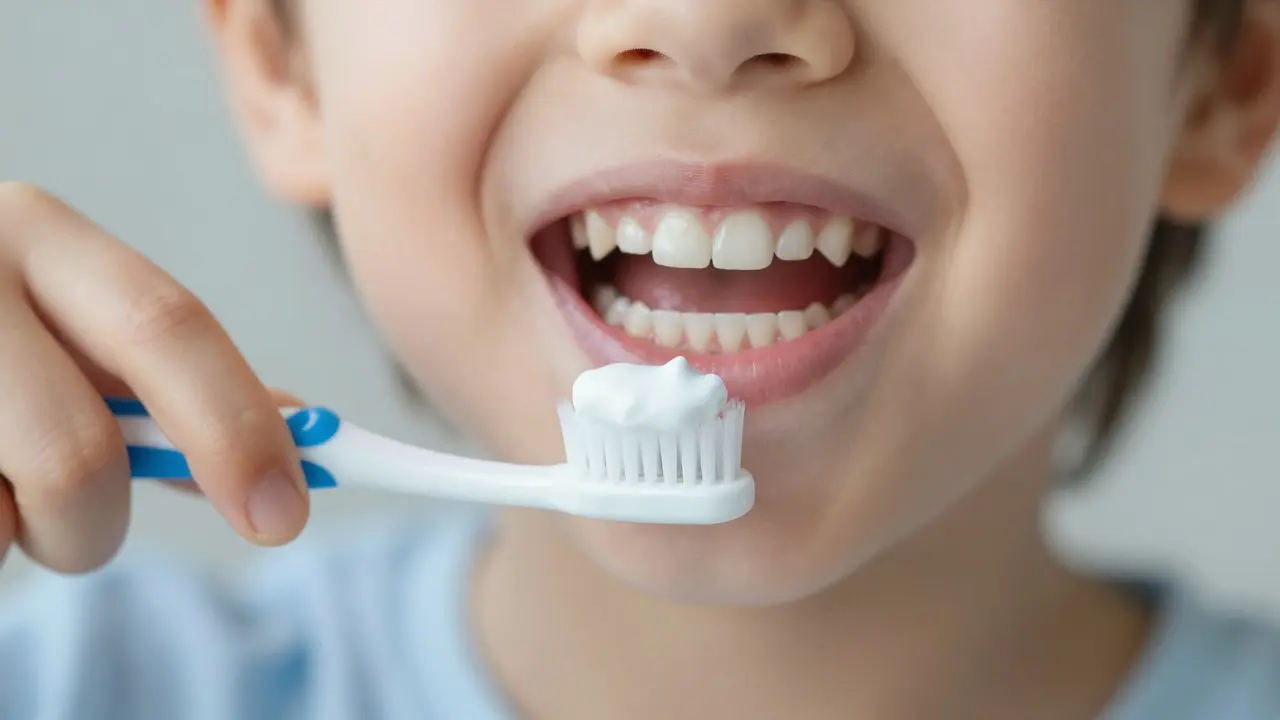 Blízký záběr na čištění dětských zubů pastou s fluoridem