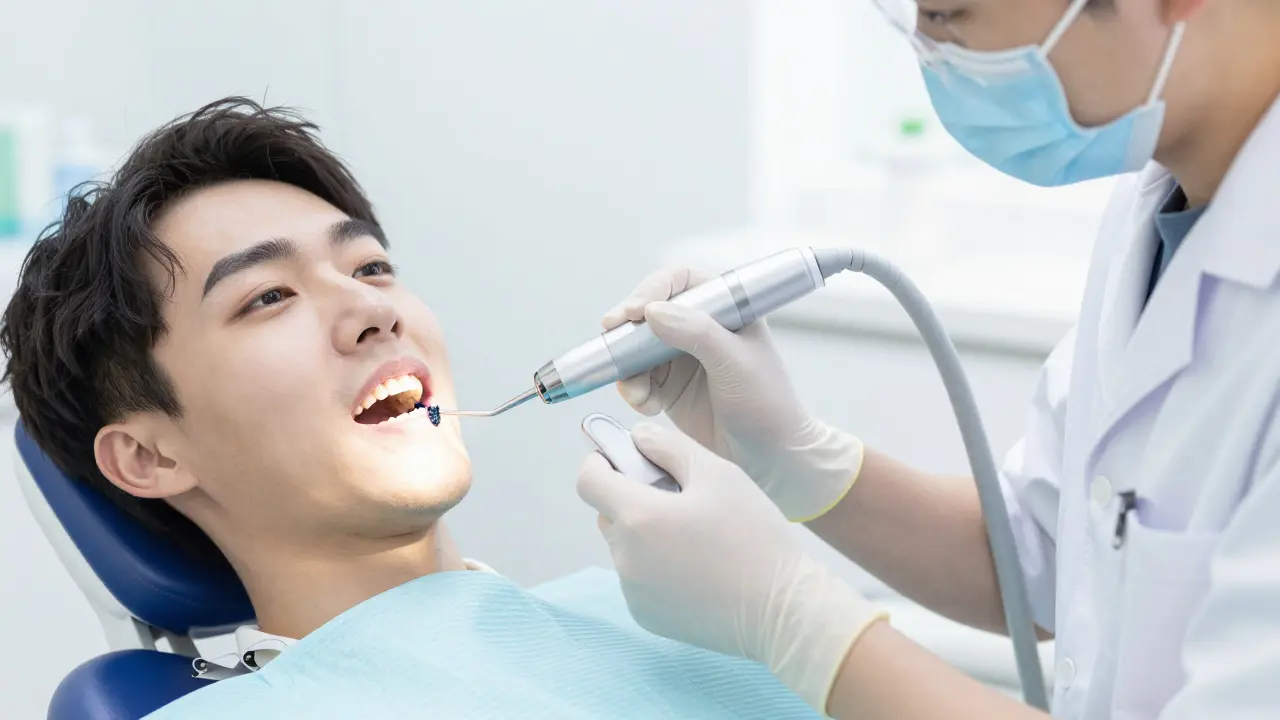 Dentální hygienik odstraňuje zubní kámen ultrazvukem v jasném klinickém prostředí.