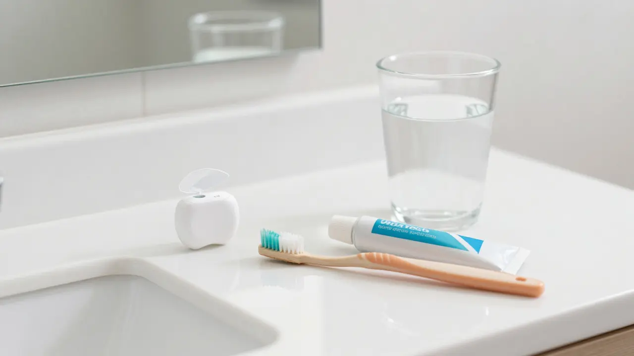 Hygienické potřeby pro péči o zuby a dásně na umyvadle