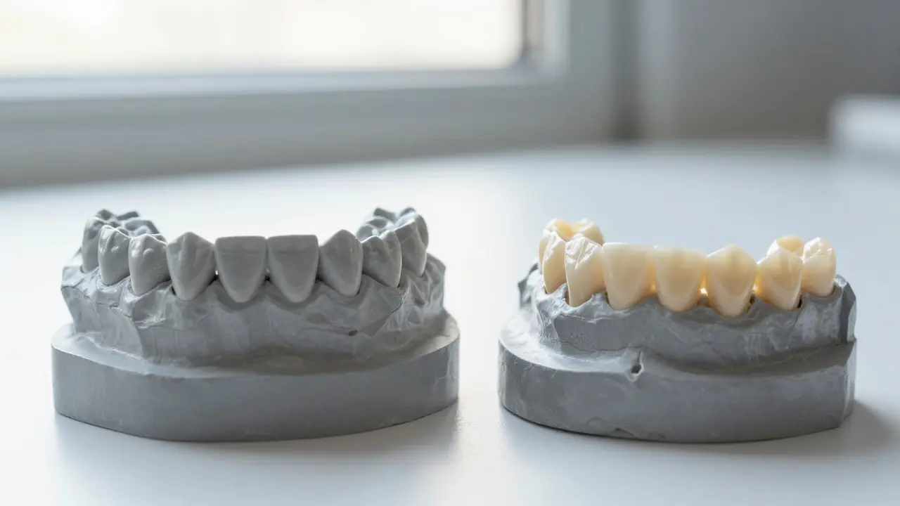 Sádrový model zubů a keramická korunka na laboratorním stole