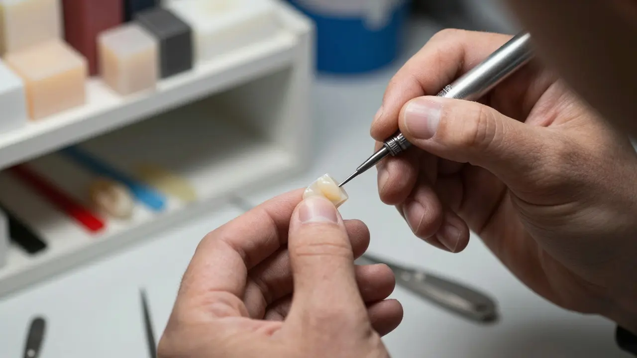 Technik ručně upravuje keramickou zubní fazetu v dobře osvětlené laboratoři