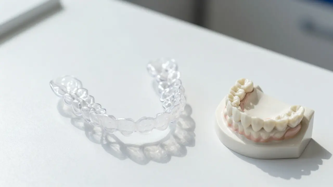 Transparentní rovnátka a 3D model zubů na stolu v laboratoři