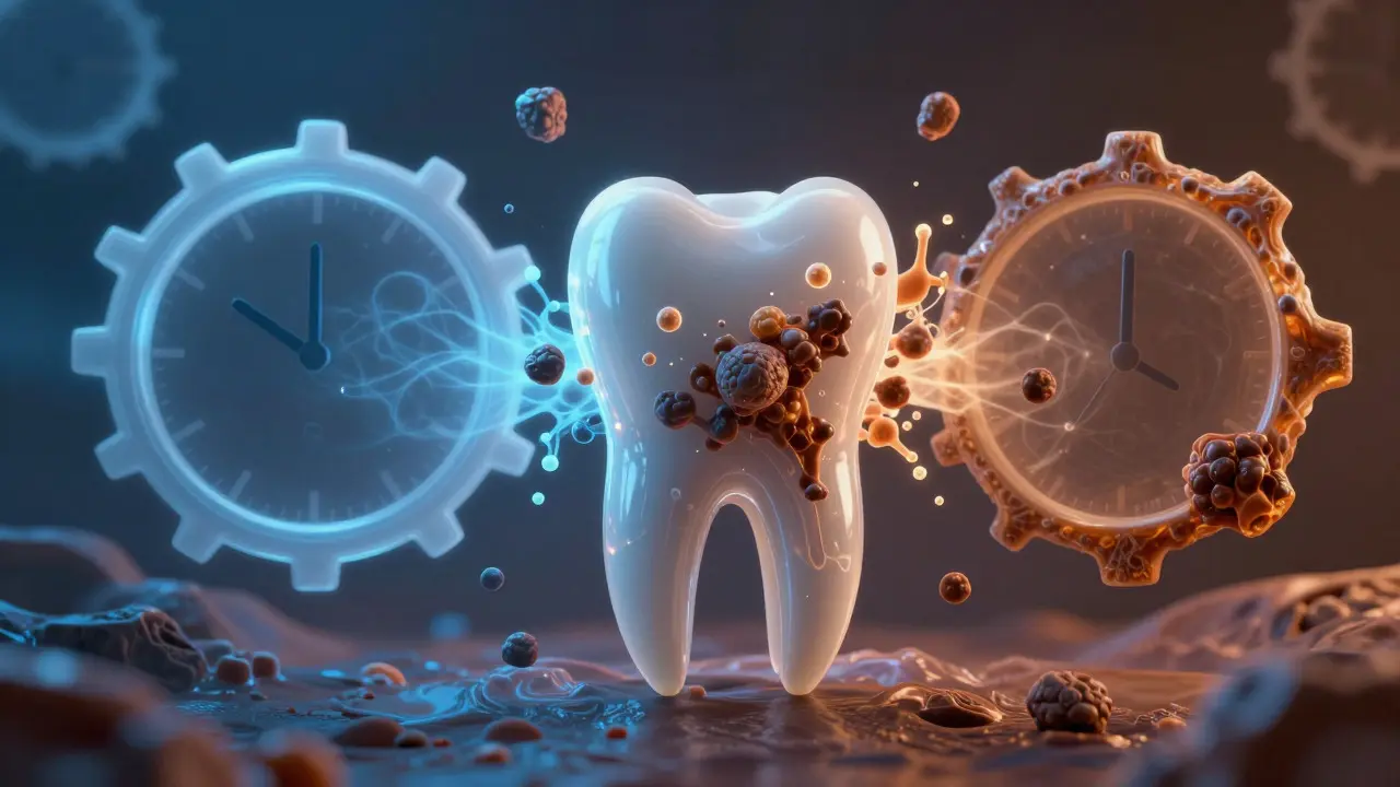Artistic depiction of plaque hardening into tartar over time on a tooth
