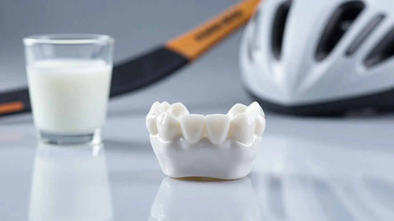 Close-up of a ceramic dental crown next to sports equipment