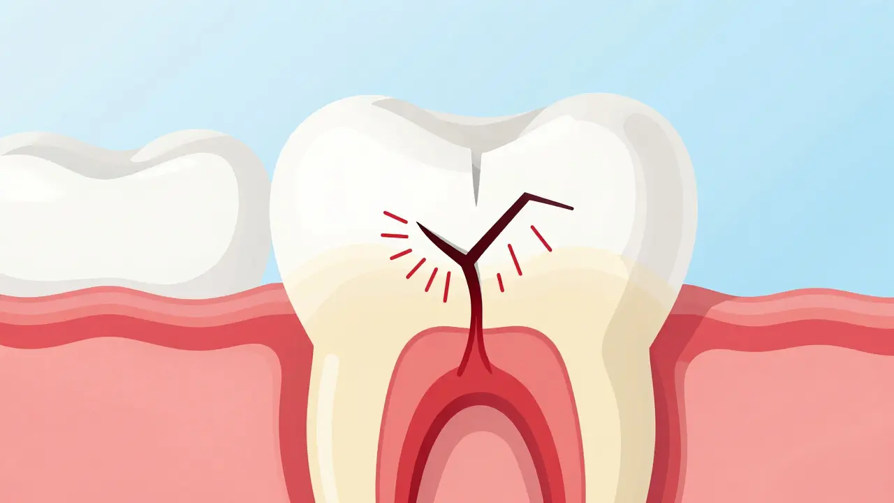 Cross-section illustration of a tooth with a crack exposing the nerve