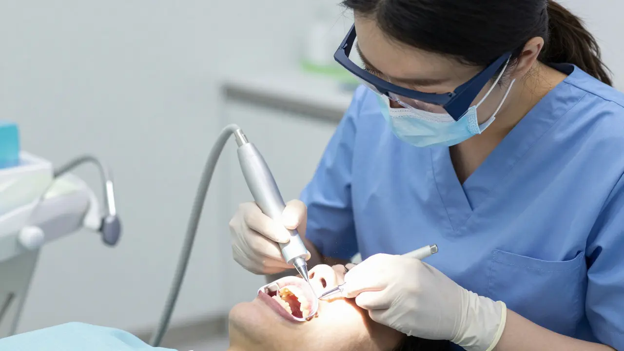 Dentální hygienistka provádí ultrazvukové čištění zubů pacientovi v ordinaci