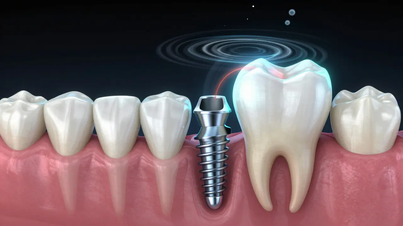 Illustration showing dental implant structure and shockwave impact