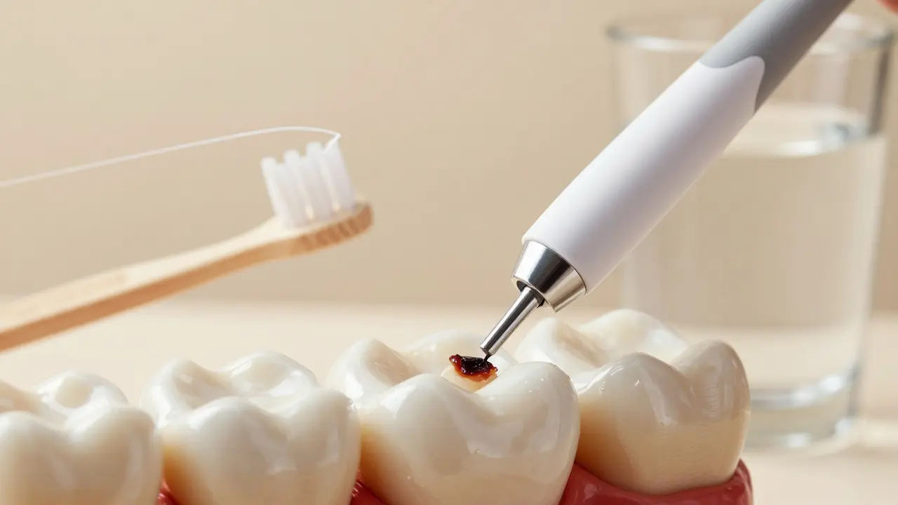 Konceptuální zobrazení čištění zubů ultrazvukovým skalpelem a hygienickými pomůckami