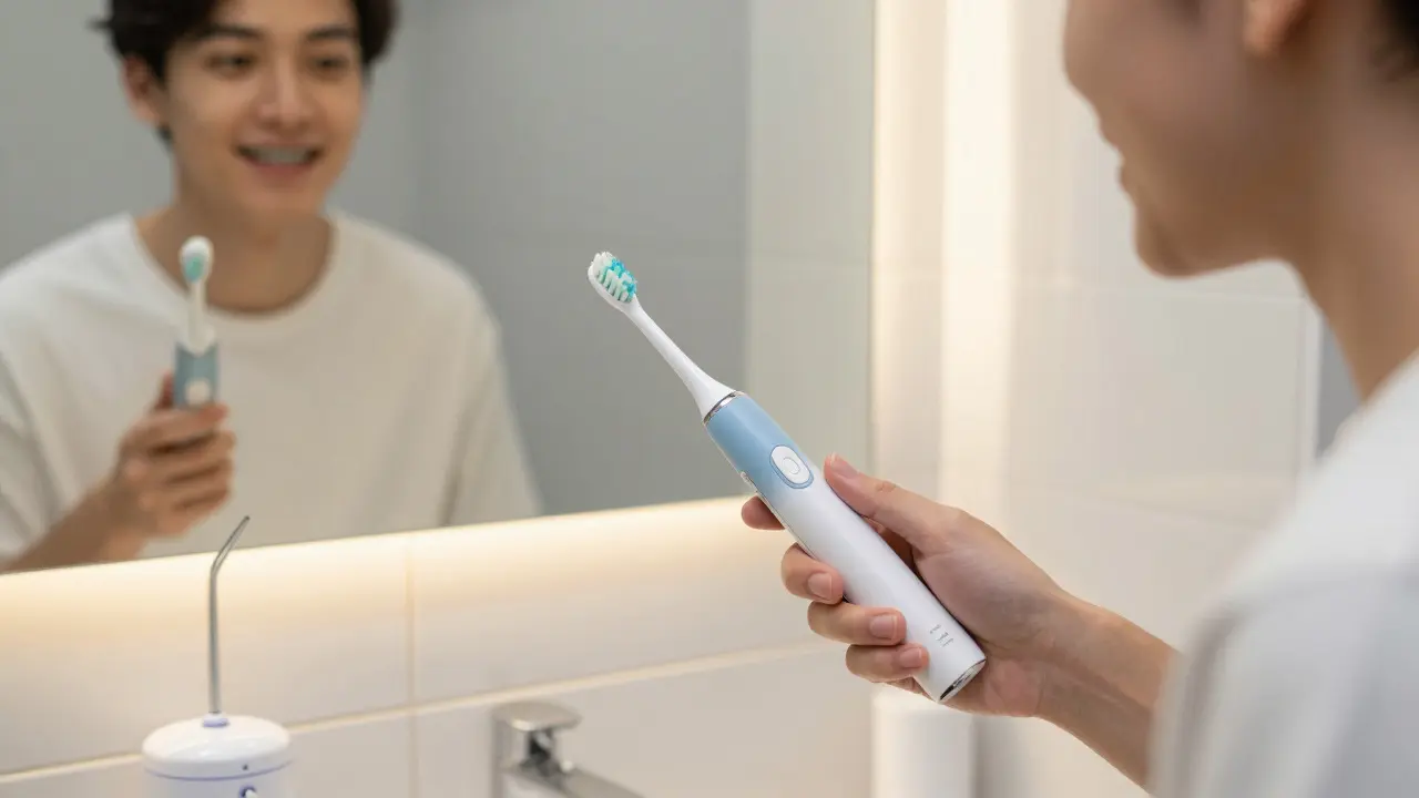 Osoba čistící zuby s rovnátkami elektrickým kartáčkem pod správným úhlem