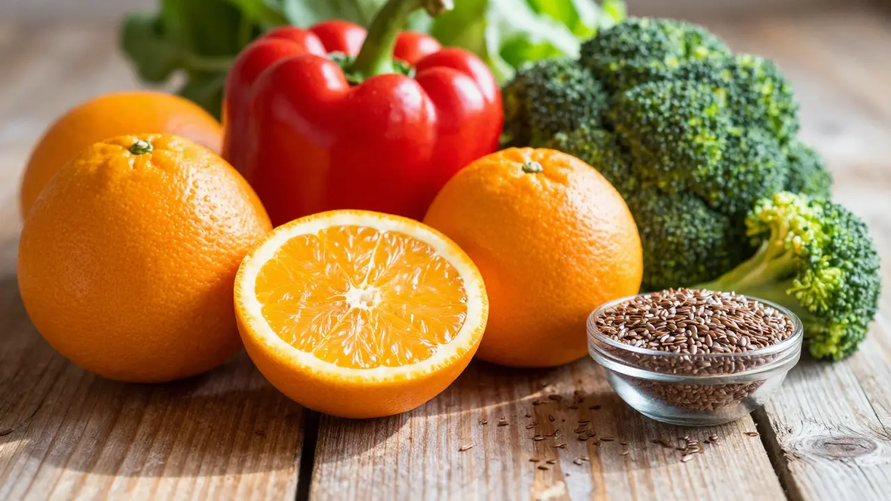 Ovoce a zelenina bohatá na vitamíny na dřevěném stole
