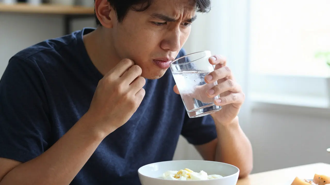 Person wincing in pain while drinking cold water at a table