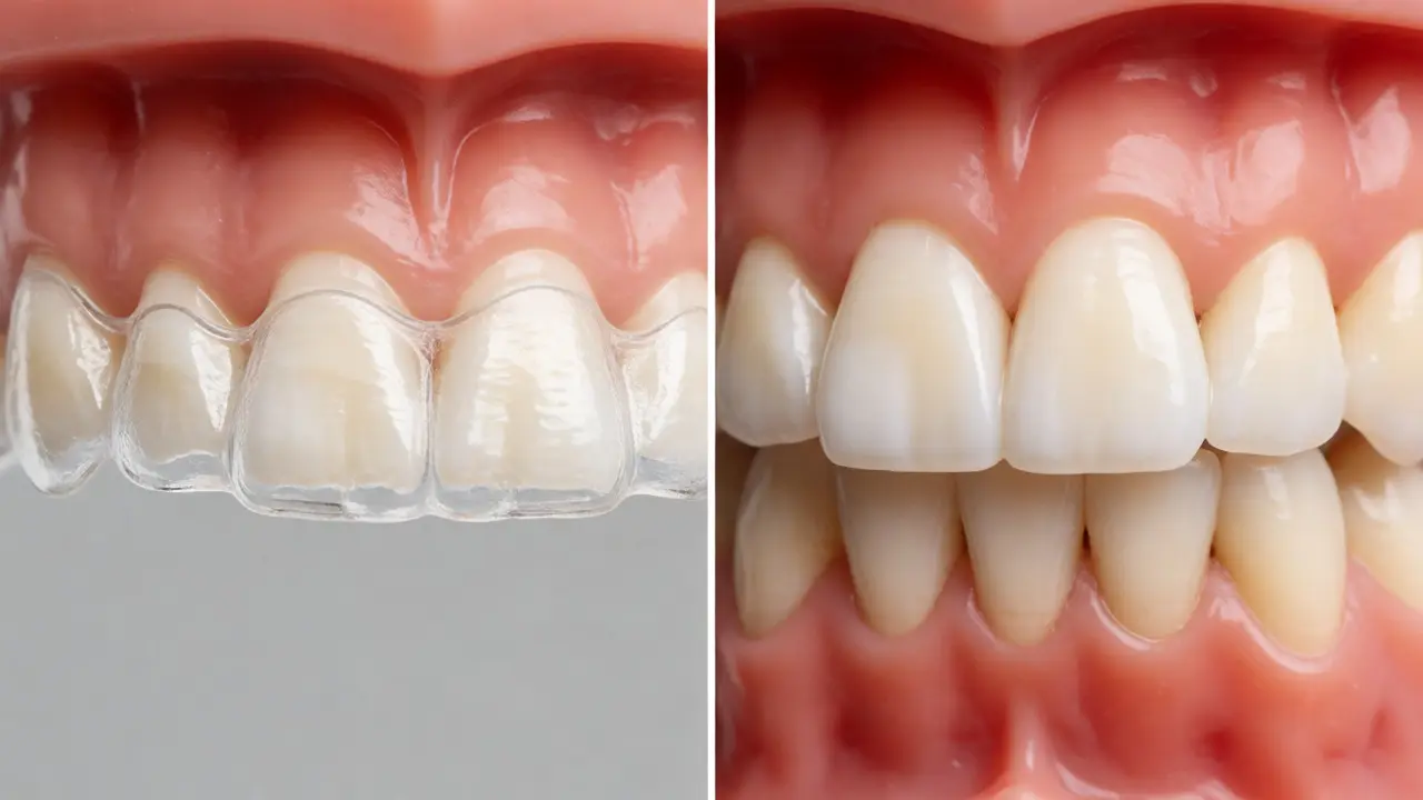 Porovnání průhledných rovnátek Invisalign a silné keramické fazety na vybočeném zubu.