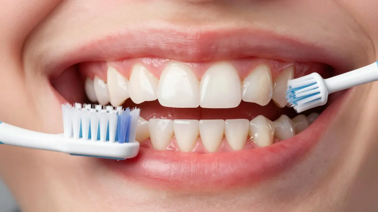Split view comparing healthy gums with tartar buildup and inflammation