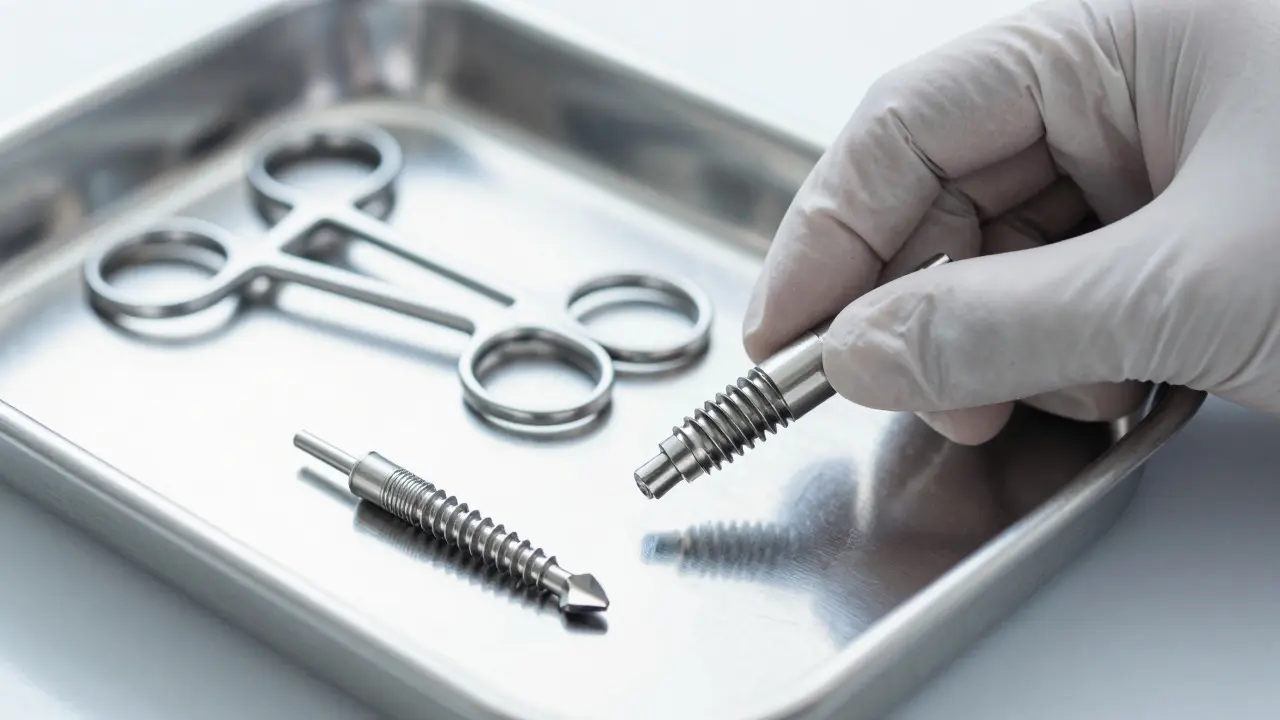 Titanový zubní implantát a chirurgické nástroje na sterilním podnose