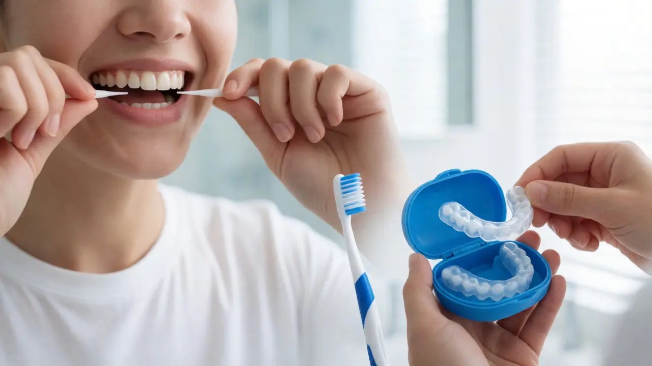 Člověk používá mezizubní nit pro hygienu úst