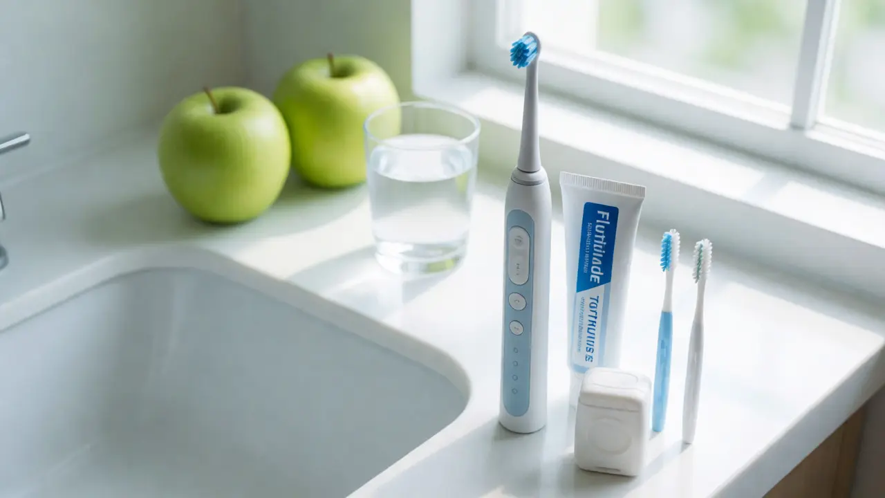 Dentální hygienické pomůcky a zdravé potraviny na umyvadle