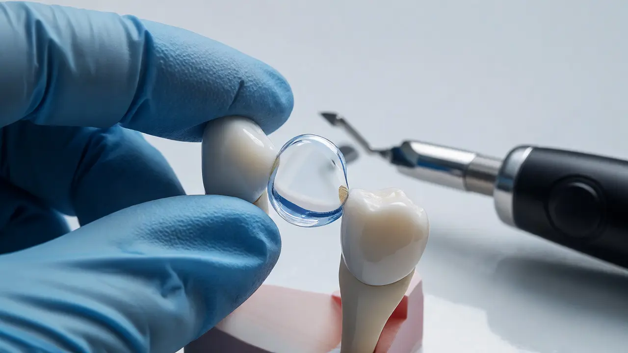 Dentální technik drží tenkou keramickou fazetu u modelu zubu.