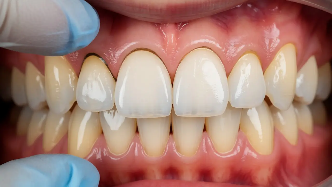 Detailní pohled na dásně a krčky předních zubů s odhaleným citlivým dentinem.