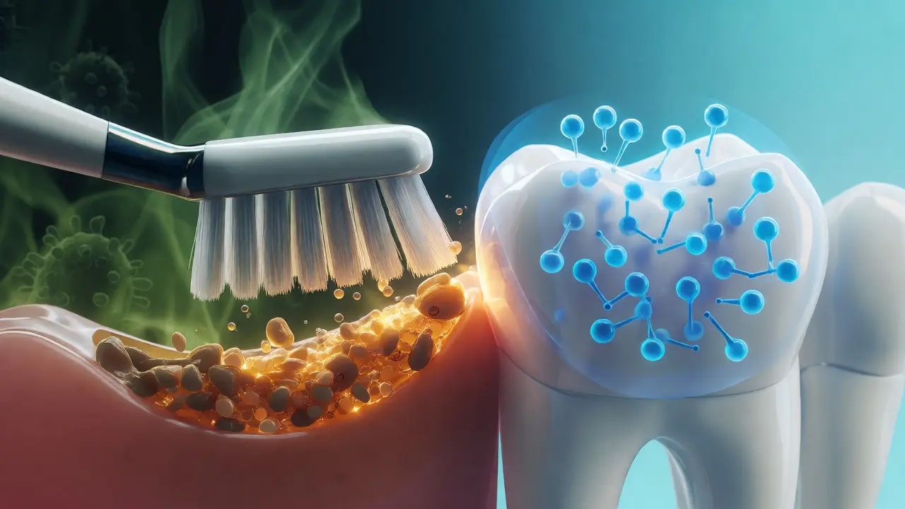 Konceptuální ilustrace čištění zubů, kde kartáček odstraňuje plak a fluoridy chrání sklovinu před kyselinami.