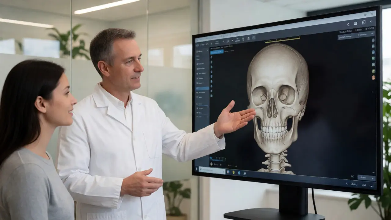 Lékař vysvětluje pacientovi 3D rekonstrukci čelisti na digitálním displeji.