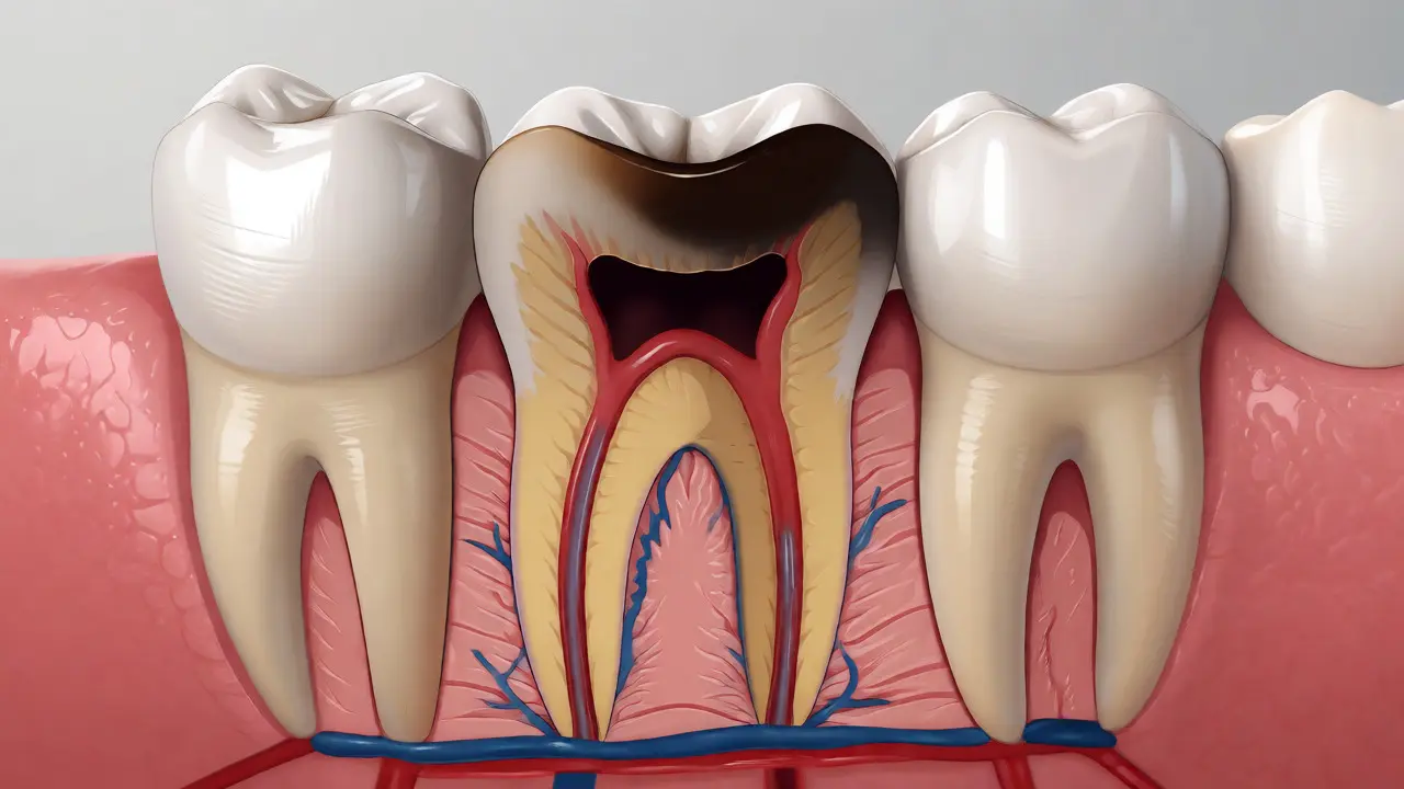 Průřez zubem ukazující mezizubní kaz pronikající ze skloviny do měkkého dentinu a blízkosti nervu.