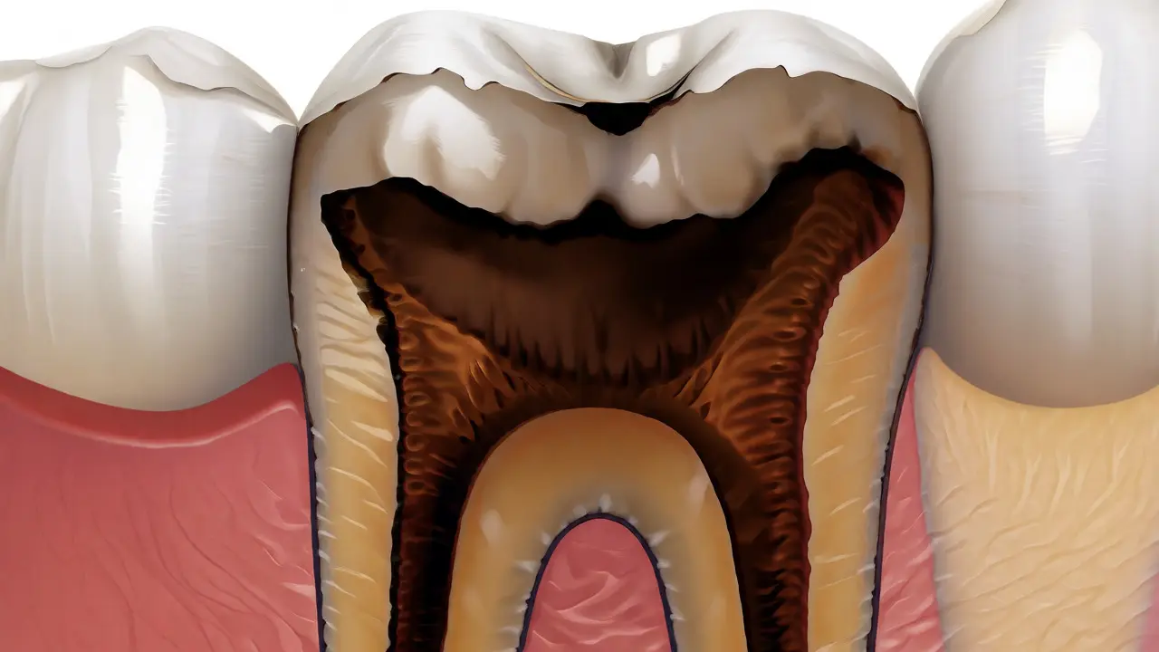 Řez zubem s tmavým kaze pronikajícím do vrstvy dentinu pod sklovinou