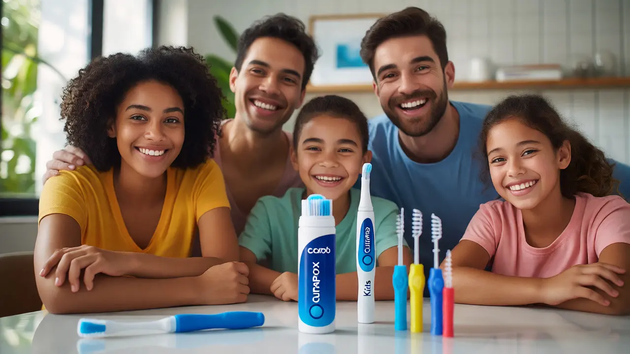 Skupina lidí se zdravými úsměvy a řadou produktů Curaprox v popředí
