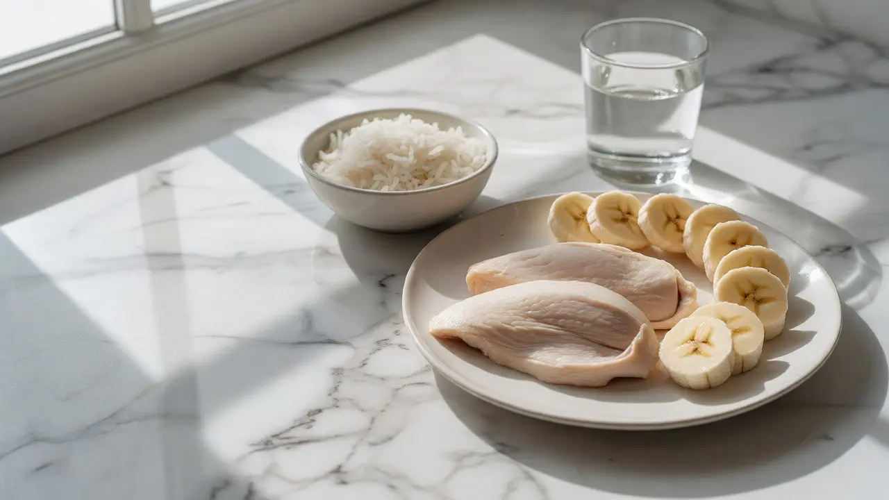 Bílá dieta po bělení: kuře, rýže, banány a voda na bílém pozadí.