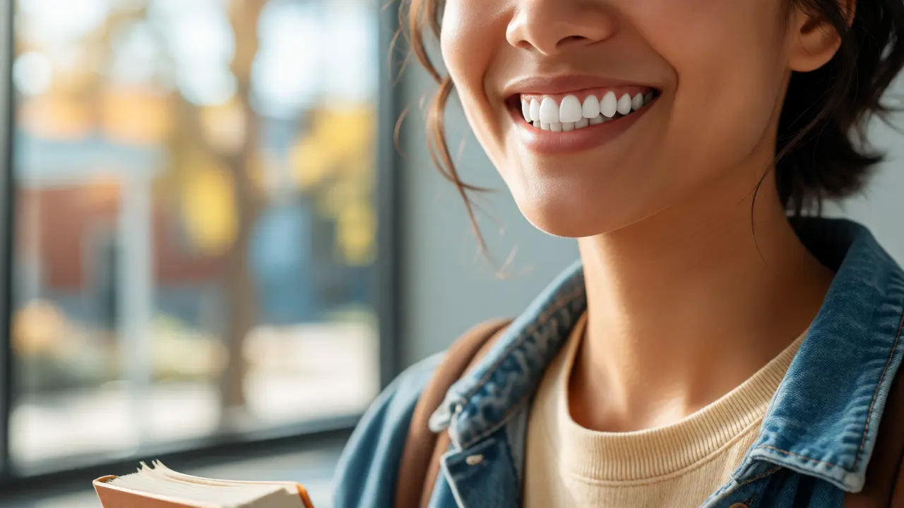 Confident student smiling with bright white treated teeth